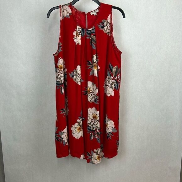Umgee Red Floral Sleeveless Swing Dress Sz Medium Shift Lined Pleats Mini Spring - Picture 1 of 11